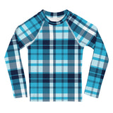 Ocean Blues Preppy Surfer Plaid Kids Rash Guard – Eco Swim Shirt by Extremely Stoked®
