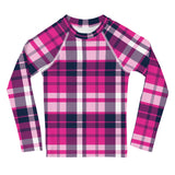 Hot Pink and Navy Blue Preppy Surfer Plaid Kids Rash Guard – Eco Swim Shirt by Extremely Stoked®