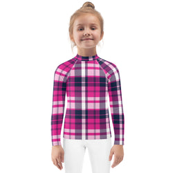 Hot Pink and Navy Blue Preppy Surfer Plaid Kids Rash Guard – Eco Swim Shirt by Extremely Stoked®