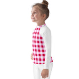 Cherry Red, White and Pink Gingham Kids Rash Guard with White Sleeves – Eco Swim Shirt by Extremely Stoked®