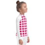 Cherry Red, White and Pink Gingham Kids Rash Guard with White Sleeves – Eco Swim Shirt by Extremely Stoked®
