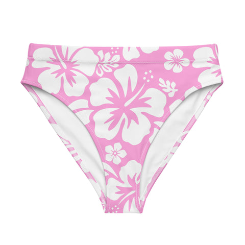 White Hawaiian Hibiscus Flowers on Pink High Waisted Bikini Bottom - Extremely Stoked