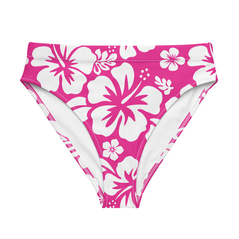 White Hawaiian Flowers on Hot Pink High Waisted Bikini Bottom – Eco Swimwear from Extremely Stoked®