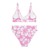 White Hawaiian Flowers on Pink High Waisted Bikini - Extremely Stoked