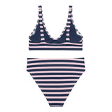 Navy Blue and Soft Pink Beach Stripes High Waisted Bikini - Extremely Stoked