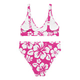 White Hawaiian Flowers on Hot Pink High Waisted Bikini – Eco Swimwear by Extremely Stoked®