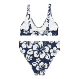 White Hawaiian Flowers on Navy Blue High Waisted Bikini – Eco Swimwear by Extremely Stoked®