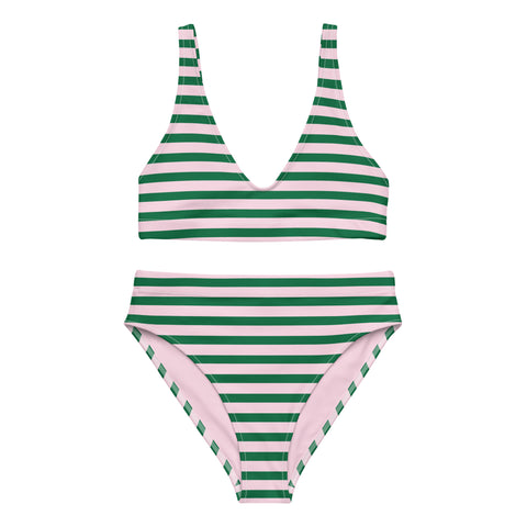 Green and Soft Pink Beach Stripes High Waisted Bikini - Extremely Stoked