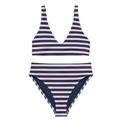 Navy Blue and Soft Pink Beach Stripes High Waisted Bikini - Extremely Stoked