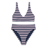 Navy Blue and Soft Pink Beach Stripes High Waisted Bikini - Extremely Stoked