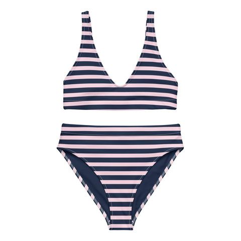 Navy Blue and Soft Pink Beach Stripes High Waisted Bikini - Extremely Stoked