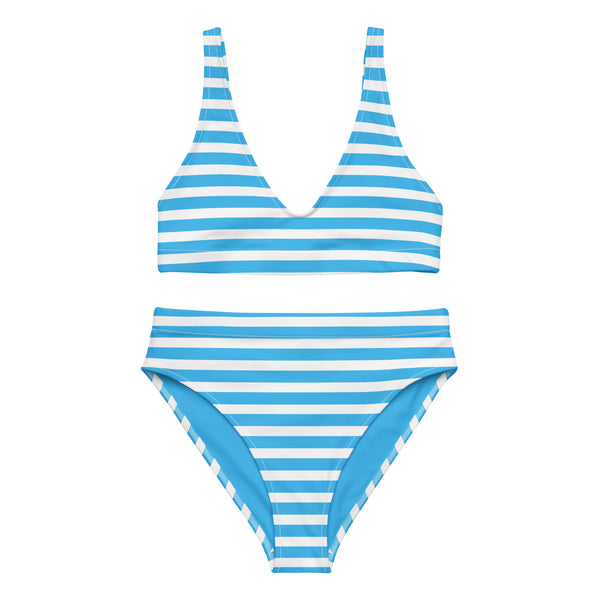 Deep Sky Blue and White Beach Stripes High Waisted Bikini - Extremely Stoked