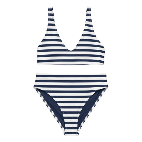 Navy Blue and White Beach Stripes High Waisted Bikini - Extremely Stoked