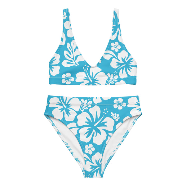White Hawaiian Flowers on Aqua Ocean Blue High Waisted Bikini - Extremely Stoked