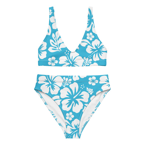 White Hawaiian Flowers on Aqua Ocean Blue High Waisted Bikini - Extremely Stoked