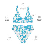 White Hawaiian Flowers on Aqua Ocean Blue High Waisted Bikini - Extremely Stoked