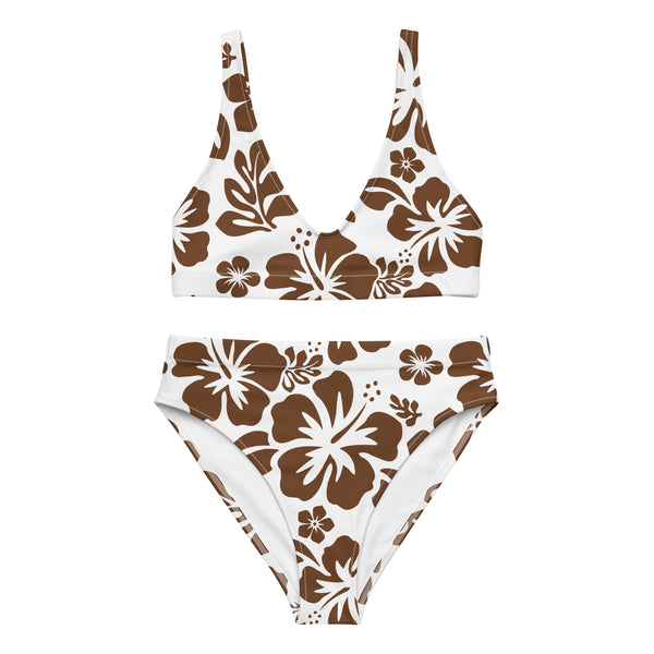 Brown Hibiscus Hawaiian Flowers on White High Waisted Bikini