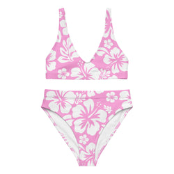 White Hawaiian Flowers on Pink High Waisted Bikini