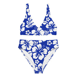White Hawaiian Flowers on Royal Blue High Waisted Bikini - Extremely Stoked