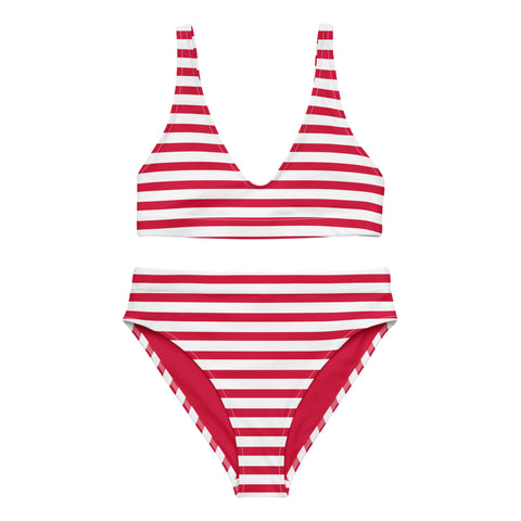 Red and White Beach Stripes High Waisted Bikini – Eco Swimwear by Extremely Stoked®