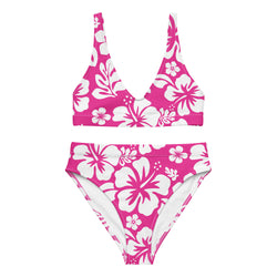 White Hawaiian Flowers on Hot Pink High Waisted Bikini – Eco Swimwear by Extremely Stoked®