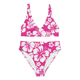 White Hawaiian Flowers on Hot Pink High Waisted Bikini – Eco Swimwear by Extremely Stoked®