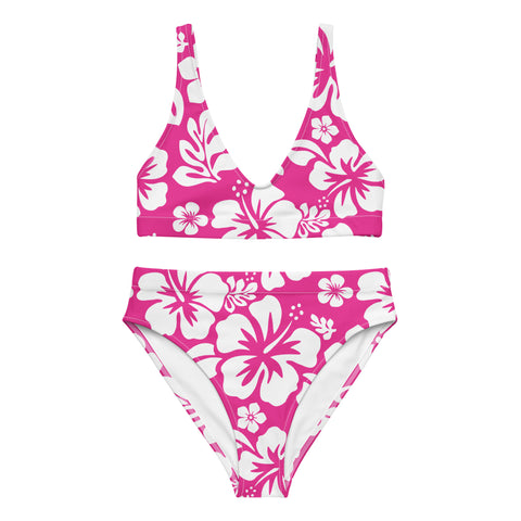 White Hawaiian Flowers on Hot Pink High Waisted Bikini – Eco Swimwear by Extremely Stoked®