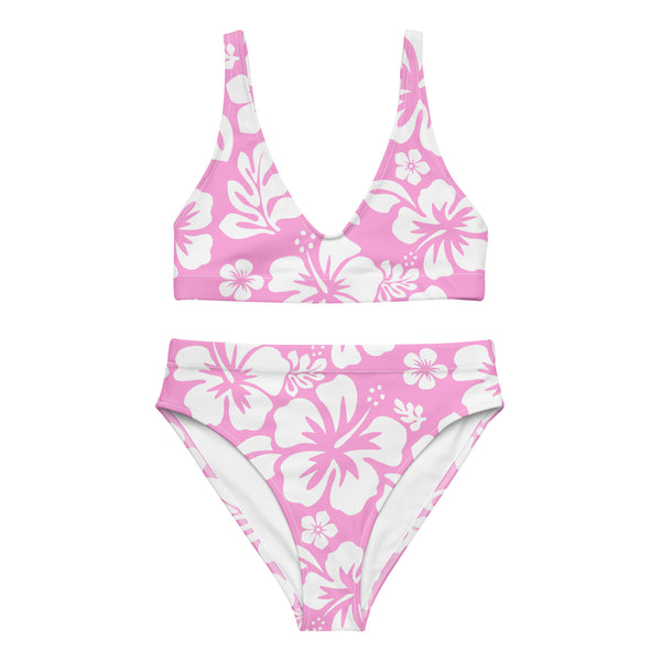 White Hawaiian Flowers on Pink High Waisted Bikini – Eco Swimwear by Extremely Stoked®