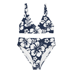 White Hawaiian Flowers on Navy Blue High Waisted Bikini – Eco Swimwear by Extremely Stoked®