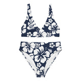 White Hawaiian Flowers on Navy Blue High Waisted Bikini – Eco Swimwear by Extremely Stoked®
