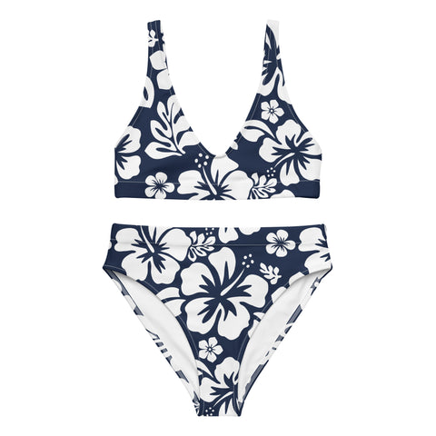 White Hawaiian Flowers on Navy Blue High Waisted Bikini – Eco Swimwear by Extremely Stoked®