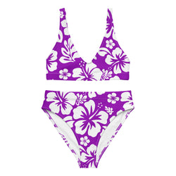 White Hawaiian Flowers on Purple High Waisted Bikini – Eco Swimwear by Extremely Stoked®