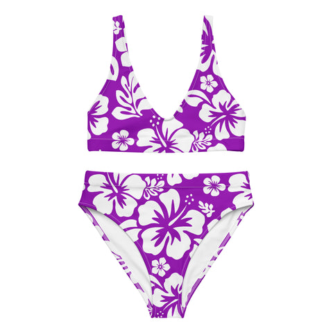 White Hawaiian Flowers on Purple High Waisted Bikini – Eco Swimwear by Extremely Stoked®