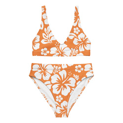 White Hawaiian Flowers on Orange High Waisted Bikini – Eco Swimwear by Extremely Stoked®