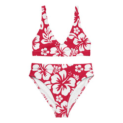 White Hawaiian Flowers on Red High Waisted Bikini – Eco Swimwear by Extremely Stoked®