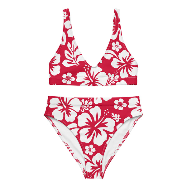 White Hawaiian Flowers on Red High Waisted Bikini – Eco Swimwear by Extremely Stoked®