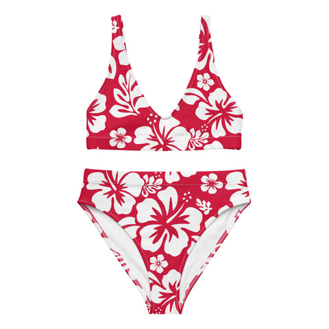 White Hawaiian Flowers on Red High Waisted Bikini – Eco Swimwear by Extremely Stoked®