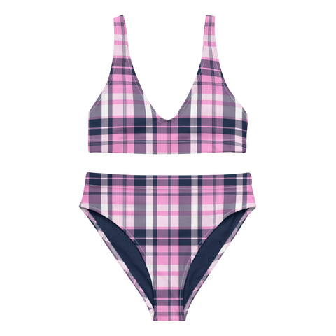Pink and Navy Blue Preppy Surfer Girl Plaid High Waisted Bikini – Eco Swimwear by Extremely Stoked®