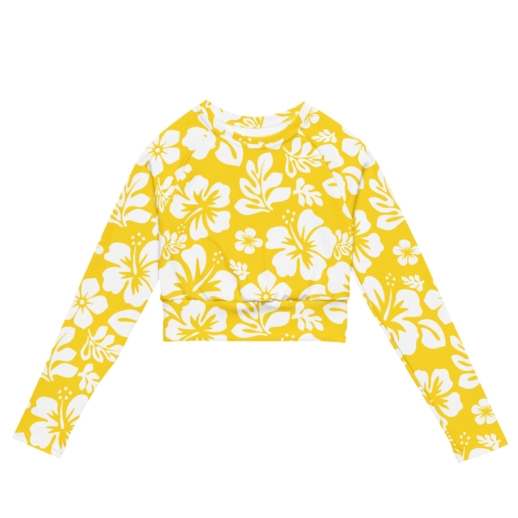 Yellow and White Hawaiian Flowers Long Sleeve Crop Top