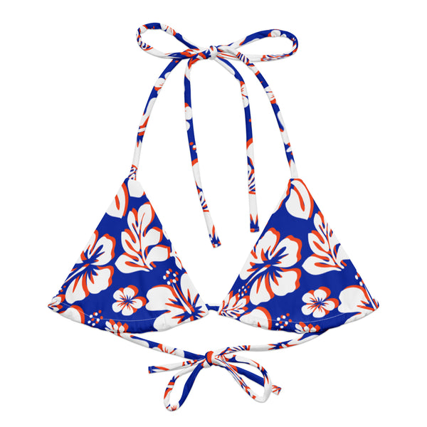 Royal Blue, Orange & White Hawaiian Flowers String Bikini Swimsuit Top – Eco Swimwear by Extremely Stoked®