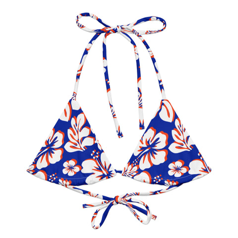 Royal Blue, Orange & White Hawaiian Flowers String Bikini Swimsuit Top – Eco Swimwear by Extremely Stoked®
