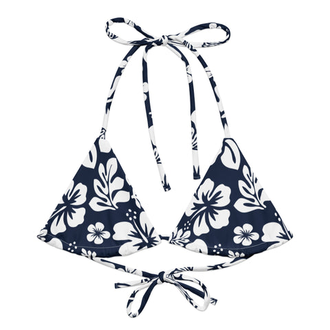 Navy Blue and White Hawaiian Flowers String Bikini Swimsuit Top – Eco Swimwear by Extremely Stoked®