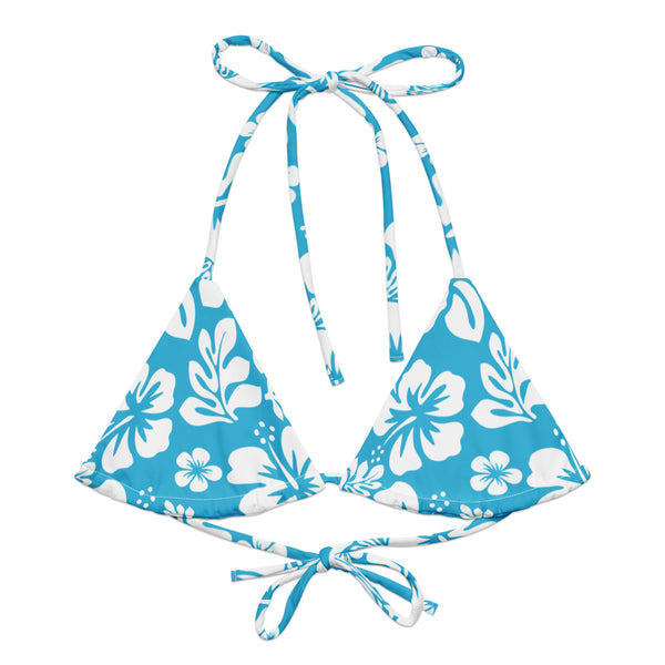 Aqua Blue and White Hawaiian Flowers String Bikini Swimsuit Top – Eco Swimwear by Extremely Stoked®