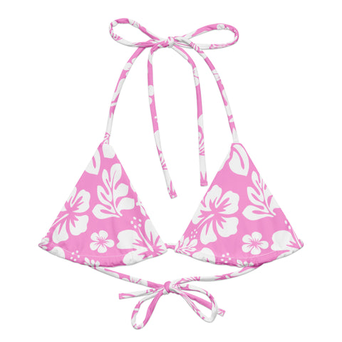 Pink and White Hawaiian Flowers String Bikini Swimsuit Top – Eco Swimwear by Extremely Stoked®