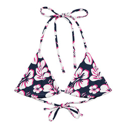 Navy Blue, Hot Pink and White Hawaiian Flowers String Bikini Swimsuit Top – Eco Swimwear by Extremely Stoked®