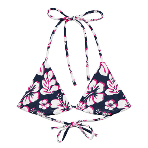Navy Blue, Hot Pink and White Hawaiian Flowers String Bikini Swimsuit Top – Eco Swimwear by Extremely Stoked®