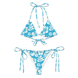 White Hawaiian Flowers on Aqua Ocean Blue String Bikini - Extremely Stoked