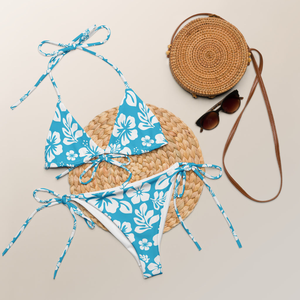 White Hawaiian Flowers on Aqua Ocean Blue String Bikini