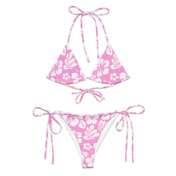 White Hawaiian Flowers on Pink String Bikini - Extremely Stoked