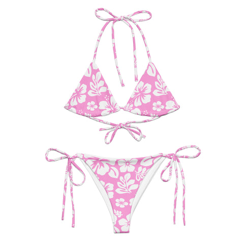 White Hawaiian Flowers on Pink String Bikini - Extremely Stoked